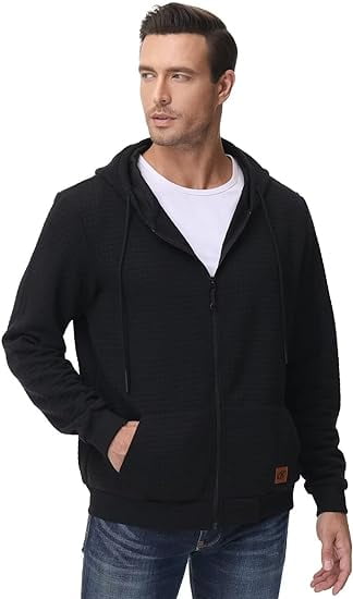 QPNGRP Men's Full-Zip Hoodie Lightweight Hoodie Sweatshirt Jacket Solid Hooded with Kanga Pocket Black 2XL
