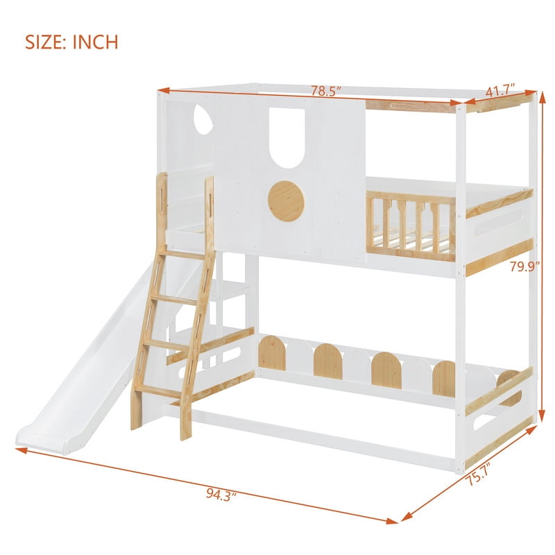 Twin Size Versatile Kids Loft/Bunk Bed with Floor Bed, House Bed Frame with Slide, Storage Shelves and Guardrails