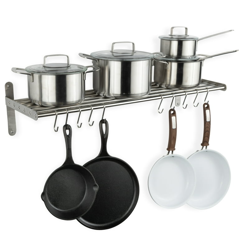 ETECHMART Hanging Pot Rack, 3 in 1 Wall Mounted Pan Holder with 10 Hooks,  Heavy Duty Iron Dish Rack Cookware Organizer, Kitchen Storage Shelf for