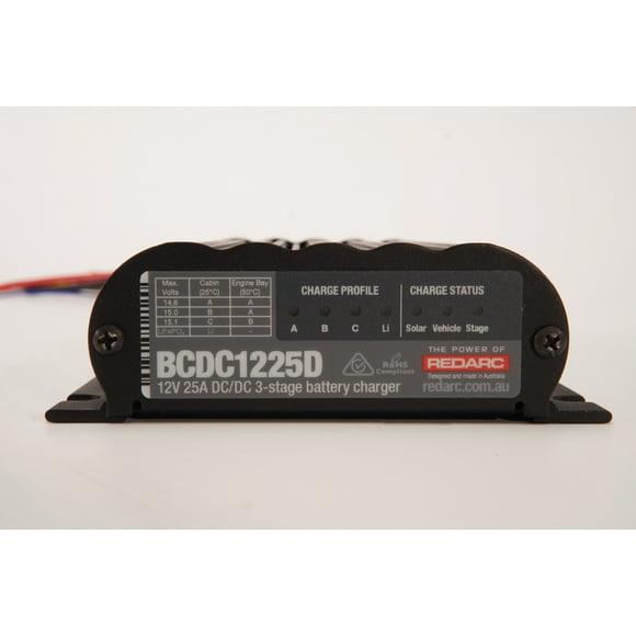 Redarc Battery Charger BCDC1225D For 12/24 Volt Vehicle Systems; Charges From Solar And Alternator; 9 To 32 Volt DC Operating Input Voltage; 12 Volt DC Output; 15.3 Volt Maximum Charging Voltage