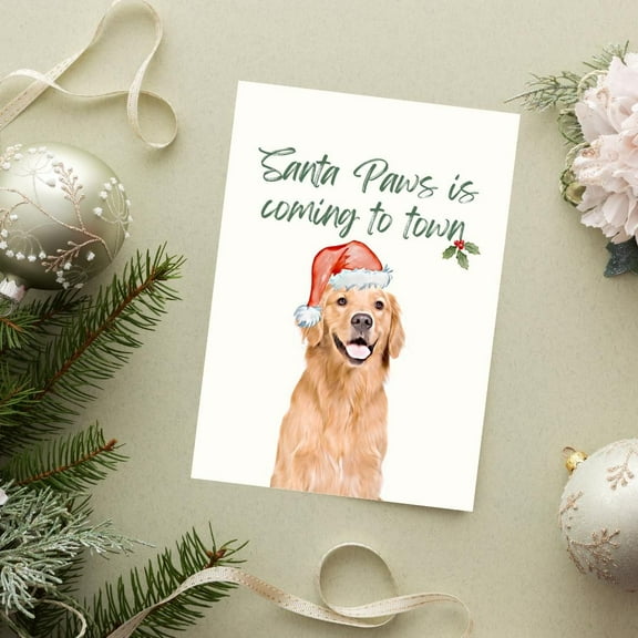 Santa Paws Coming to Town Christmas Card – Festive Golden Retriever Design – Blank Inside, Envelope Included – Perfect Holiday Greeting for Dog Lovers and Pet Owners