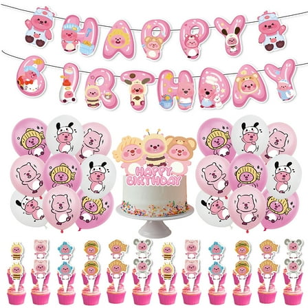 New 44Pcs Cute Loopy Latex Ballons Set 3D HAPPY BIRTHDAY Banner Afternoon Tea Event Cake Decorations Cards Birthday Party Supplies