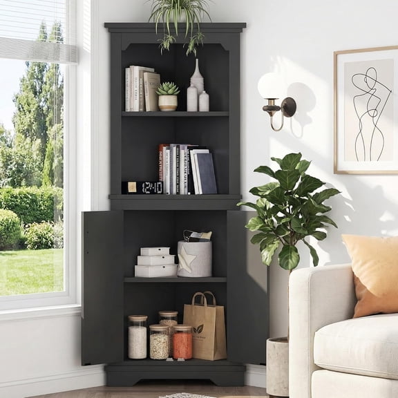 LJAN 69.4" Tall Corner Cabinet with Doors and Shelves,Farmhouse Shelf, Wood Corner Bookshelf with Storage Home Space Saver for Living Room, Bedroom, Dining Room, Kitchen