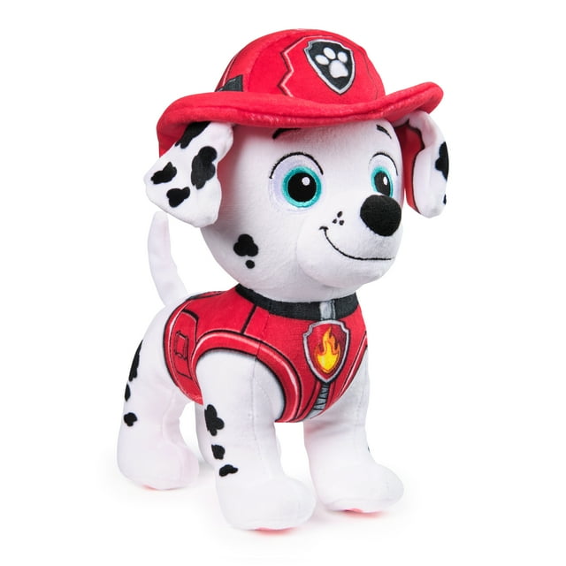 PAW Patrol Premium Plush Marshall 7.5-Inches Tall with Super Soft Fur for Kids Ages 3+ showing a front-facing stuffed animal dog with white fur and black spots, dressed in a red firefighter uniform and hat, suitable for imaginative play and cuddling.