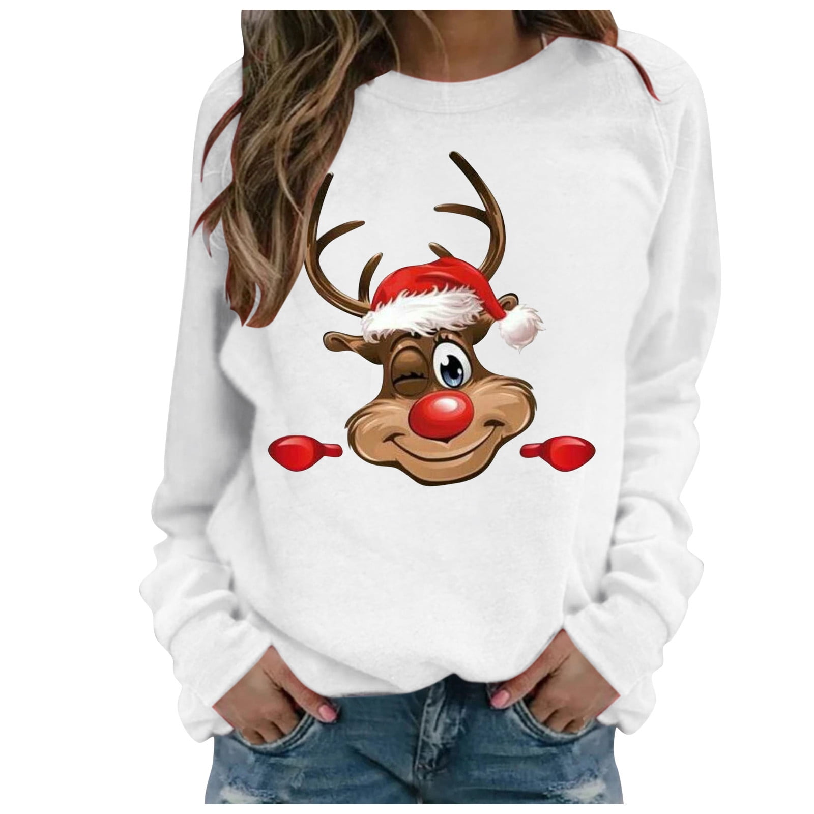Chandail en Molleton de Noël pour Femmes Imprimé de Vacances Pull Col Rond Cardigan Manches Longues Pull de Noël à Capuche Veste de Mode Fermeture Mi-Longue