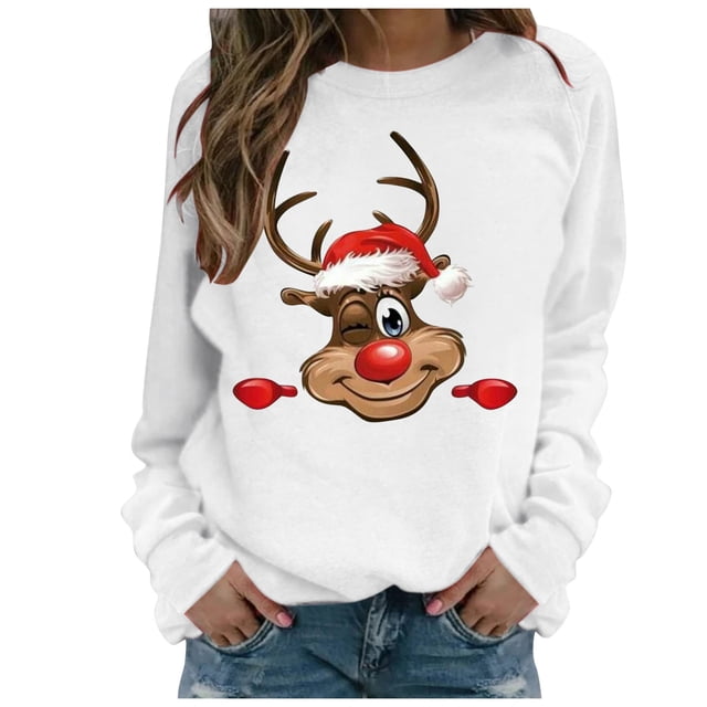 Christmas Women Pullover Manches Longues Fermeture Blouse Graphique Imprimé Mode Sweat-Shirt à Capuche Outwear Doux Veste Mi-Longue Col Rond Hiver Cardigan