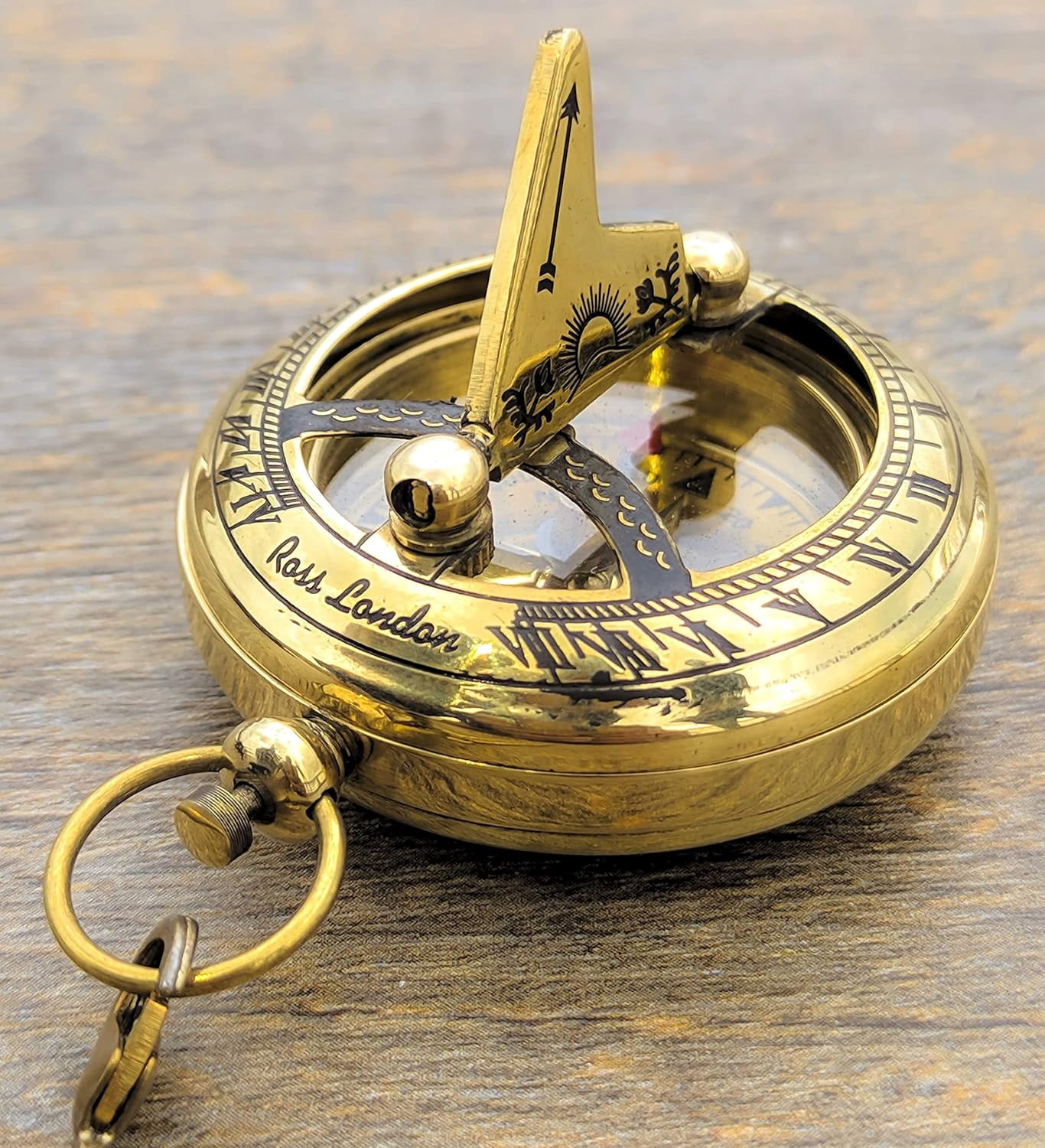 Brass Sundial Compass with Leather Case and Chain - Push Open Compass