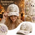 thumbnail image 2 of GrmtClth Ghost Pumpkin Halloween Baseball Cap Printed Trucker Hat Fun Holiday Costume Accessory Adjustable Cream Dad Hat for Adults Party Daily Wear, 2 of 6