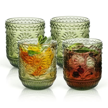 4Pack 350ml Vintage Green Drinking Glasses, Heavy Duty Glassware with Floral Embossed Design , Tumblers for Whisky, Beer, Juice, Wine, Decorative Beverage Cups for Home & Parties
