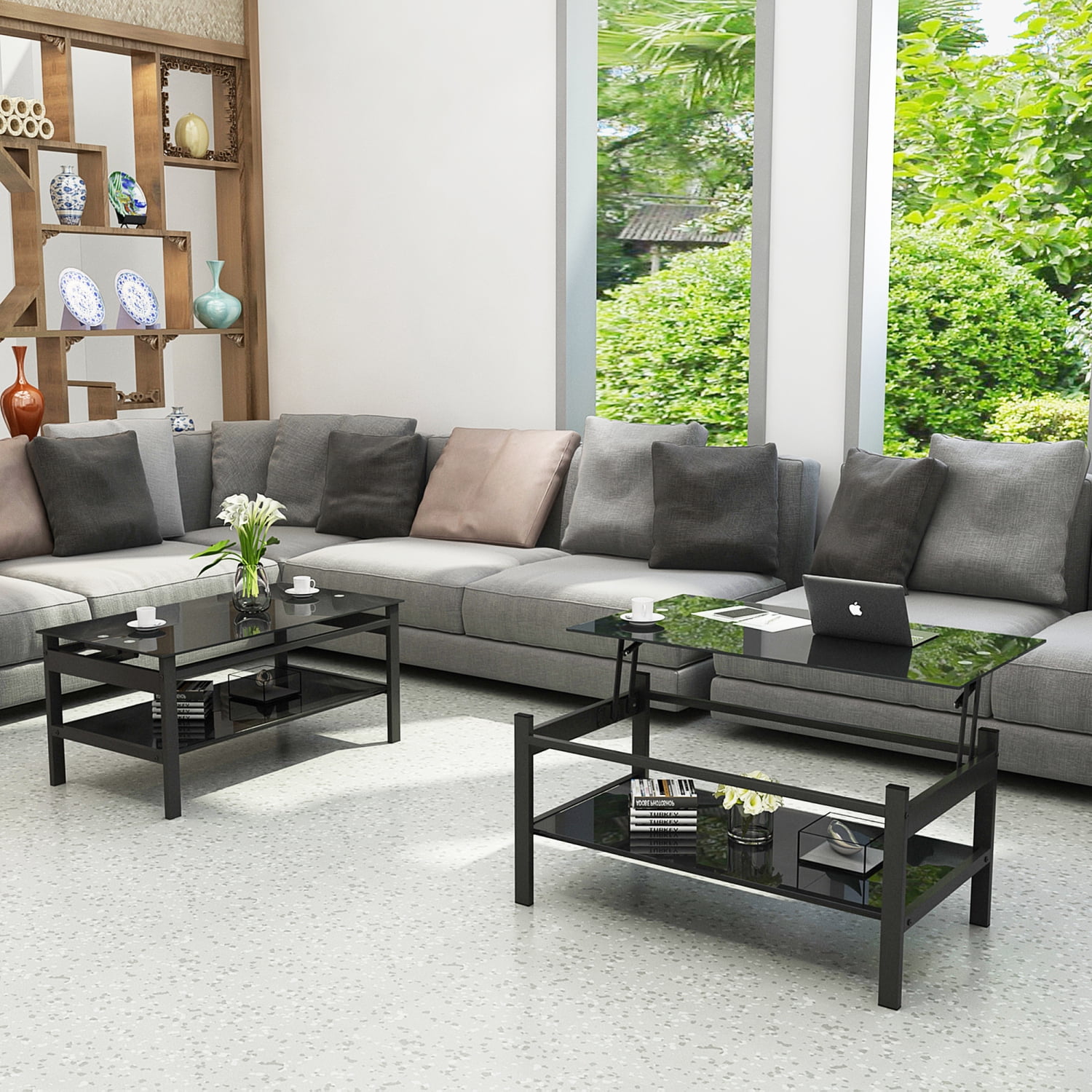 Glass Lift Top Coffee Table, Modern Simple 2-Layer Tempered Glass