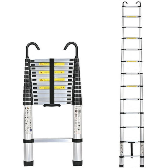12.5ft Telescoping Extension Ladder Heavy Duty 330lbs Max Capacity, Aluminum Retractable Ladder with Detachable Hooks and Non-Slip Feet for RV or Outdoor Work, Black