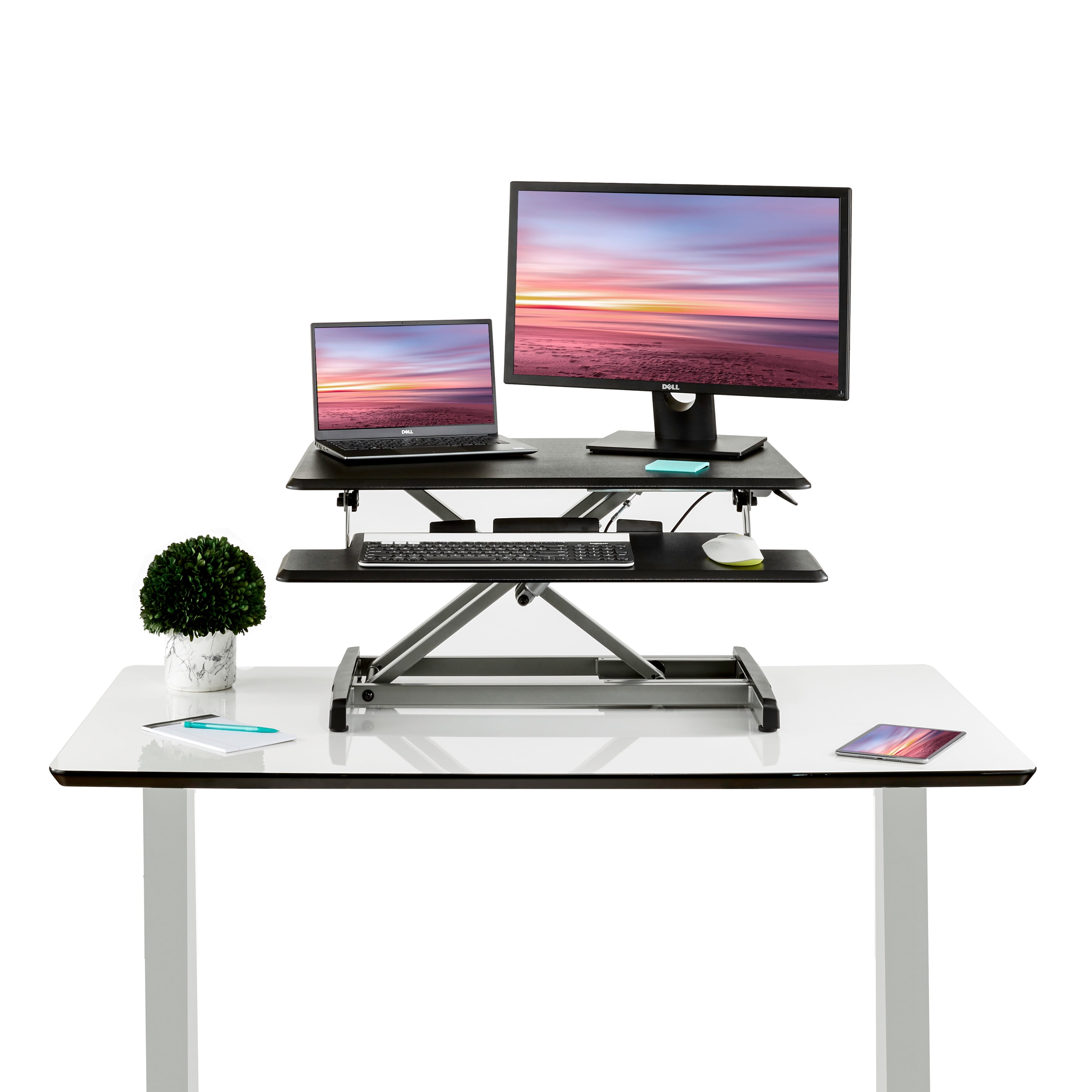 Black Column Seville Classics Airlift 30 Compact Gas-Spring Pedestal Height Adjustable Desk with Sliding Keyboard Tray Ergonomic Table 