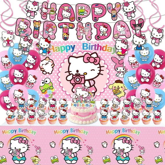 Kitty Birthday Party Supplies, Party Decorations Set Include Banner, Backdrop, Balloons, Hanging Swirls, Cake Cupcake Toppers, Tablecloth for Girls Kitty Theme Party