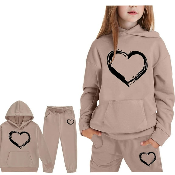 LIUYUNNN Toddler Tracksuit Athletic Sweatsuits Sets 2 Piece Long Sleeve Pullover Khaki Heart Tracksuit Hoodie Jogger Set Fall Clothes 1-2 Years Old Girl Clothes Boys Girls Autumn and Winter Outfits