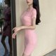 thumbnail image 4 of Vestido de manga corta de punto con cuello vuelto abotonado, ajustado, Color puro, vestido de mujer para verano, 4 of 8