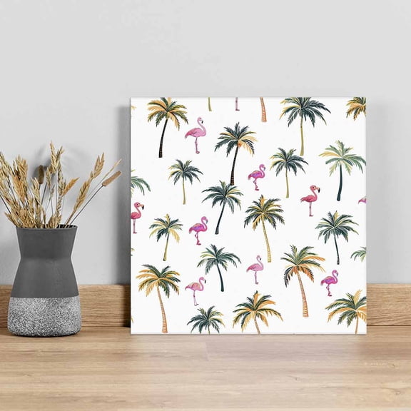Palm Trees Wall Art Painting on Canvas, Watercolor Tropical Flamingo Summer Canvas Art Home Prints Wall Art Framed Modern Artwork for Living Room Bedroom Wall Decor 16x16in