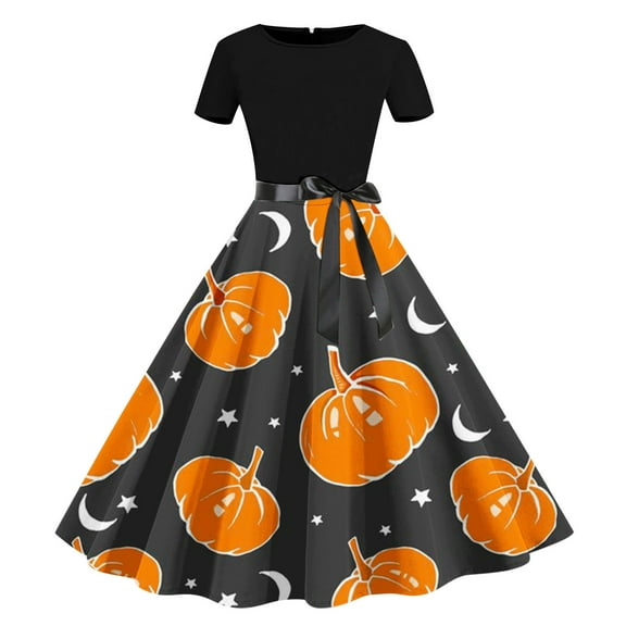 Edvintorg Halloween Dress for Women Vintage Women's Wedding Guest Dress Casual Short Sleeve Elegant Classic Swing Dresses Party
