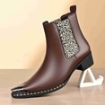 thumbnail image 2 of Men’s Leopard Print Chelsea Boots, Pointed Toe Metal Toe Cap Block Heel, Elastic Side Slip-On Fashion Boots Rivet Trim Square Toe Western Ankle Boots, 2 of 6