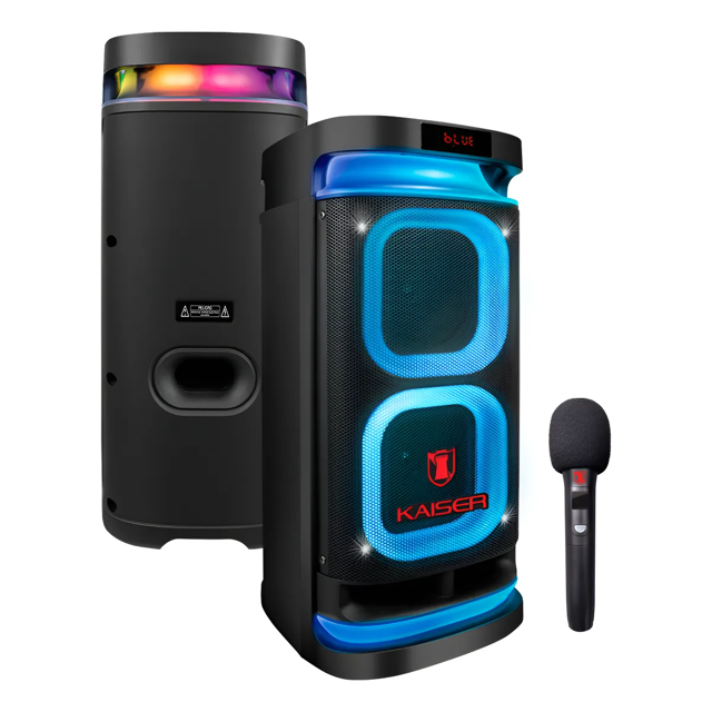 bafle kaiser bluetooth potente con micrófono de regalo one body profesional con doble bafle de 6.5" curvo msa-2069m Bafle negro Kaiser tipo torre con doble bocina frontal curvada de 6.5" tras rejilla metálica y logotipo rojo, iluminación LED azul en las bocinas y luces multicolor en la corona superior, pantalla LED superior que muestra "BLUE", panel trasero con puerto bass-reflex; incluye micrófono de mano con espuma. Conectividad Bluetooth, batería recargable, función karaoke, efectos de voz y controles manos libres para llamadas; suele usarse en fiestas y eventos sociales.