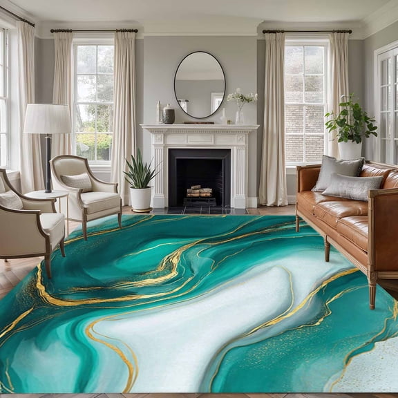 Large Area Rugs for Living Room Bedroom, Teal Marble 8'x10' Rug Washable Carpet Runner Indoor Outdoor, Modern Gradient Abstract Gold Fluid Art Non Slip Floor Mats Rug for Kitchen, Patio