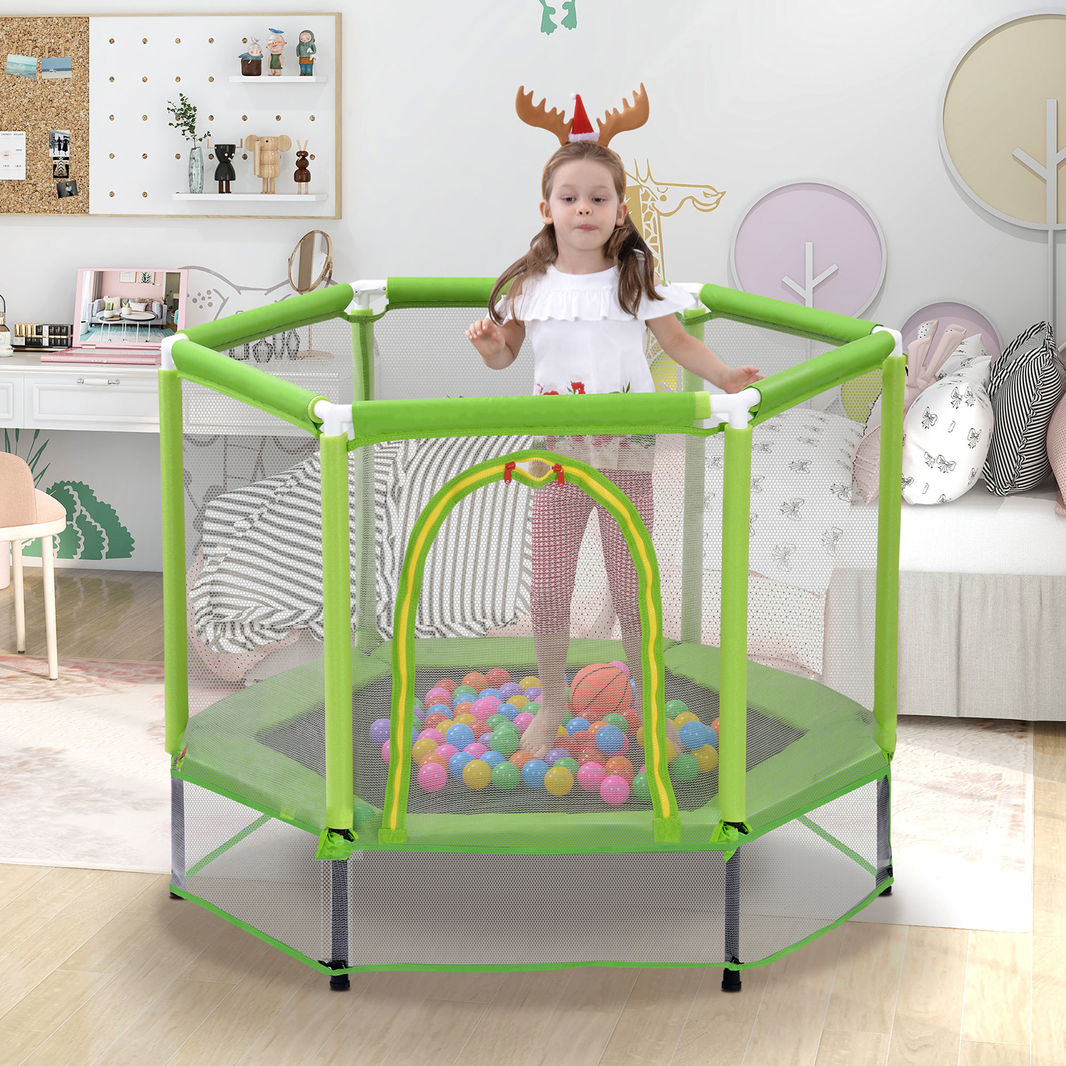Kadyn 55" Toddlers Trampoline, Vinyl Jumping Trampoline with Safety Enclosure Net and Balls, Indoor Outdoor Mini Trampoline for Kids, Green