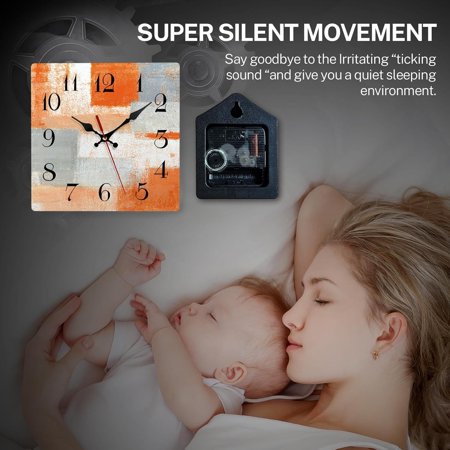 QIHE-Wooden Wall Clock Silent Non-Ticking Abstract Orange Grey Geometric Minimalist Checkered Square Rustic Wall Clocks Decor for Home Kitchen Living Room Office Battery Operated(12 Inch)