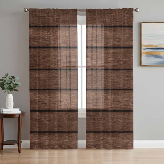 Sheer Curtains 84 Inches Long 2 Panels Set for Living Room, Dark Brown Wooden Semi Sheer Curtains for Windows, Vintage Western Country Wooden Board Voile Window Treatments Rod Pocket Curtain