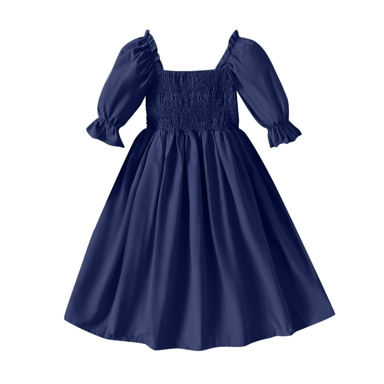 Little Girl Dress Puff Sleeve Tiered Swing A-Line Cute Navy