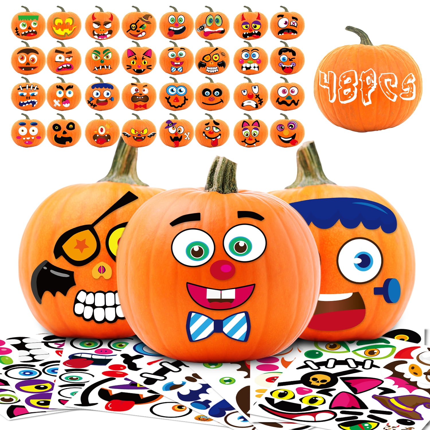 12 Designs XJF Halloween Pumpkin Decorating Kit Stickers - Halloween Party Supplies Trick or Treat Party Favors Foam Pumpkin Decorating Stickers,Makes 24 Pumpkins 