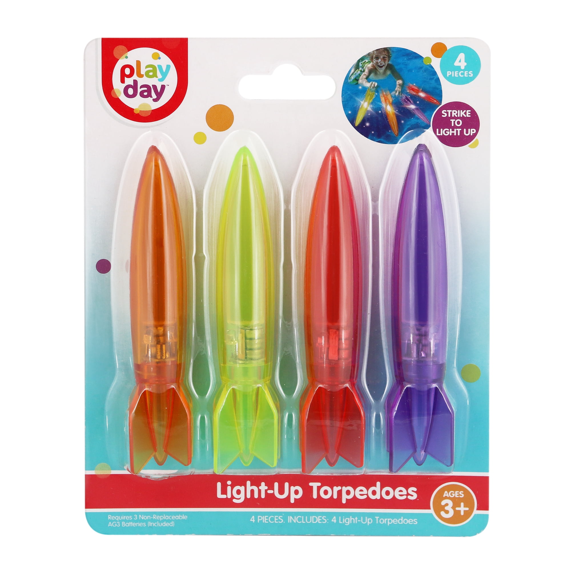 Play Day Light-Up Torpedoes 4-Pack Kids Pool Underwater Dive Toys Summer Family Fun, Ages 3+