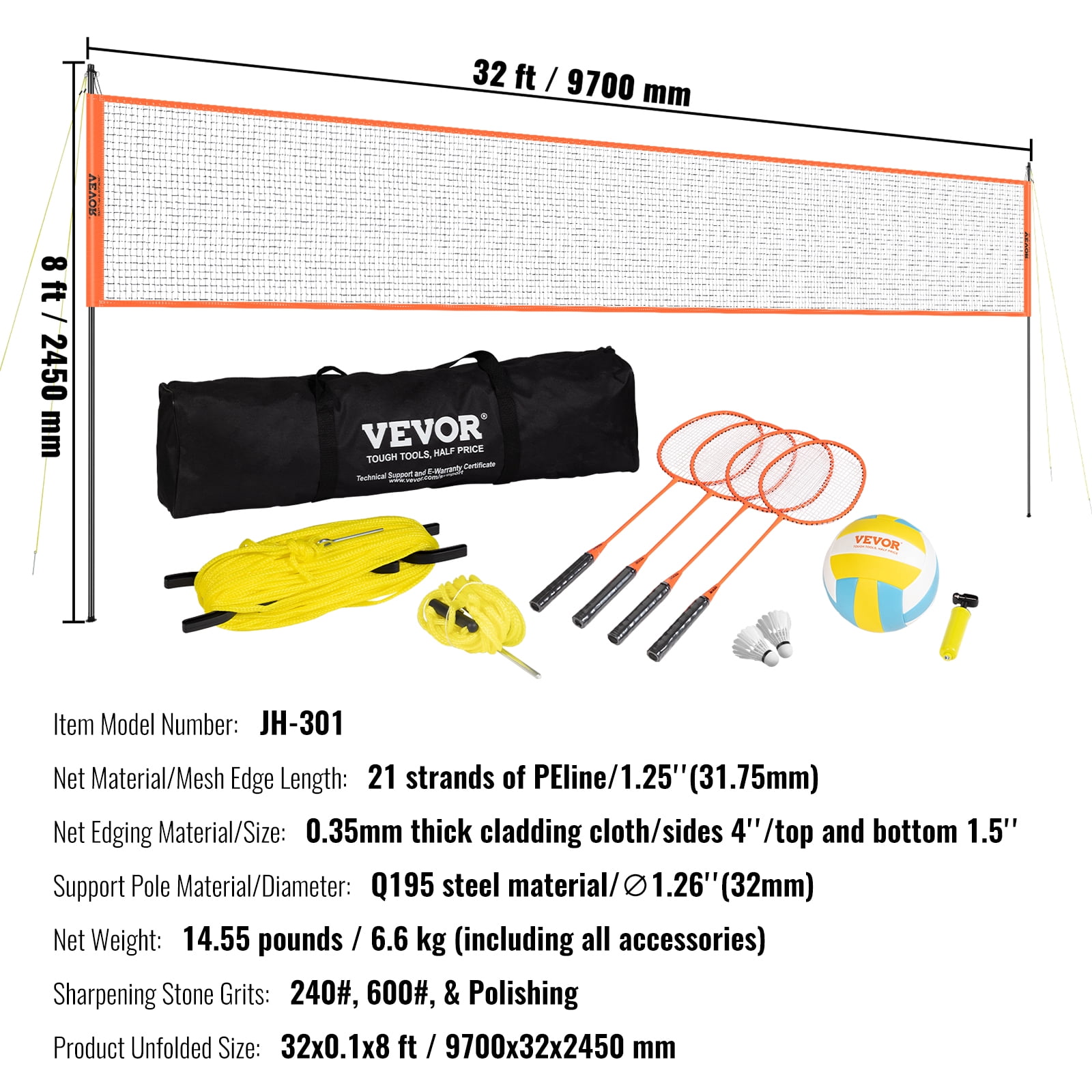 VEVOR Volleyball and Badminton Set, Outdoor Portable Badminton Net, Adjustable Height Steel Poles, Professional Combo Set with PVC Volleyball, Pump, Carrying Bag, Plastic Badminton Easy Setup