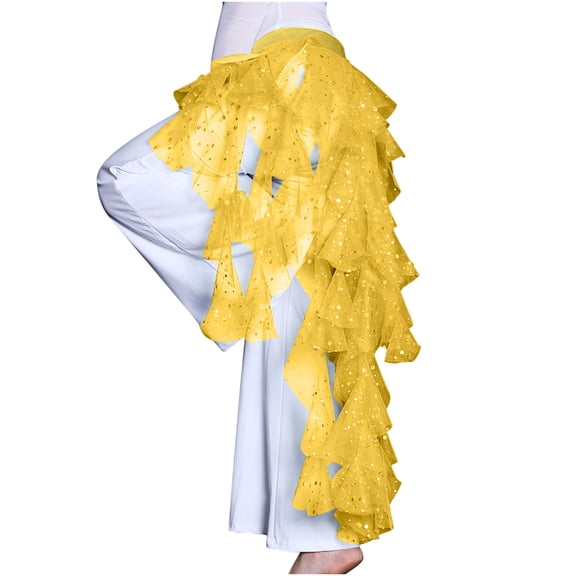 Womens Sequin Hip Scarf Skirts Belly Dance Triangle Waving Cut Tassel Highlight Mesh Skirt Waist Chain Yellow, Free Size