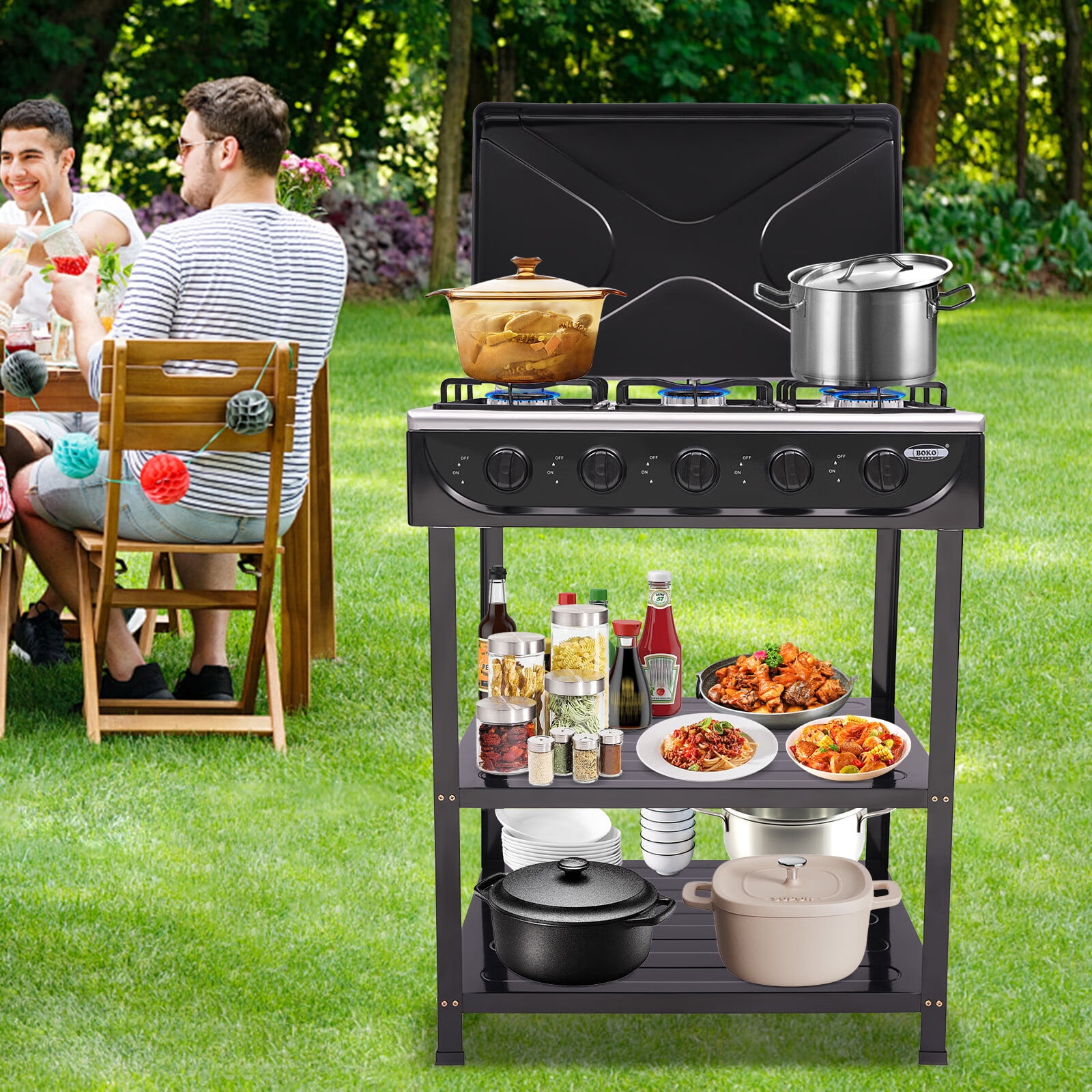 Aiqidi 5-Burner Gas Stove Portable Outdoor Cooking Gas Stove with 2 Tier Storage Shelf and Wind Blocking Cover for Camping Picnic BBQ (Black)