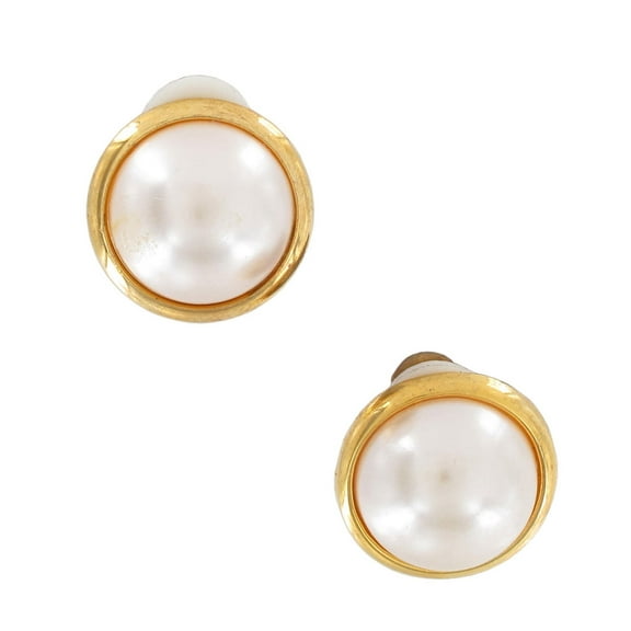 Clip On Earrings White Faux Pearl Button Gold Tone 17mm 11/16"