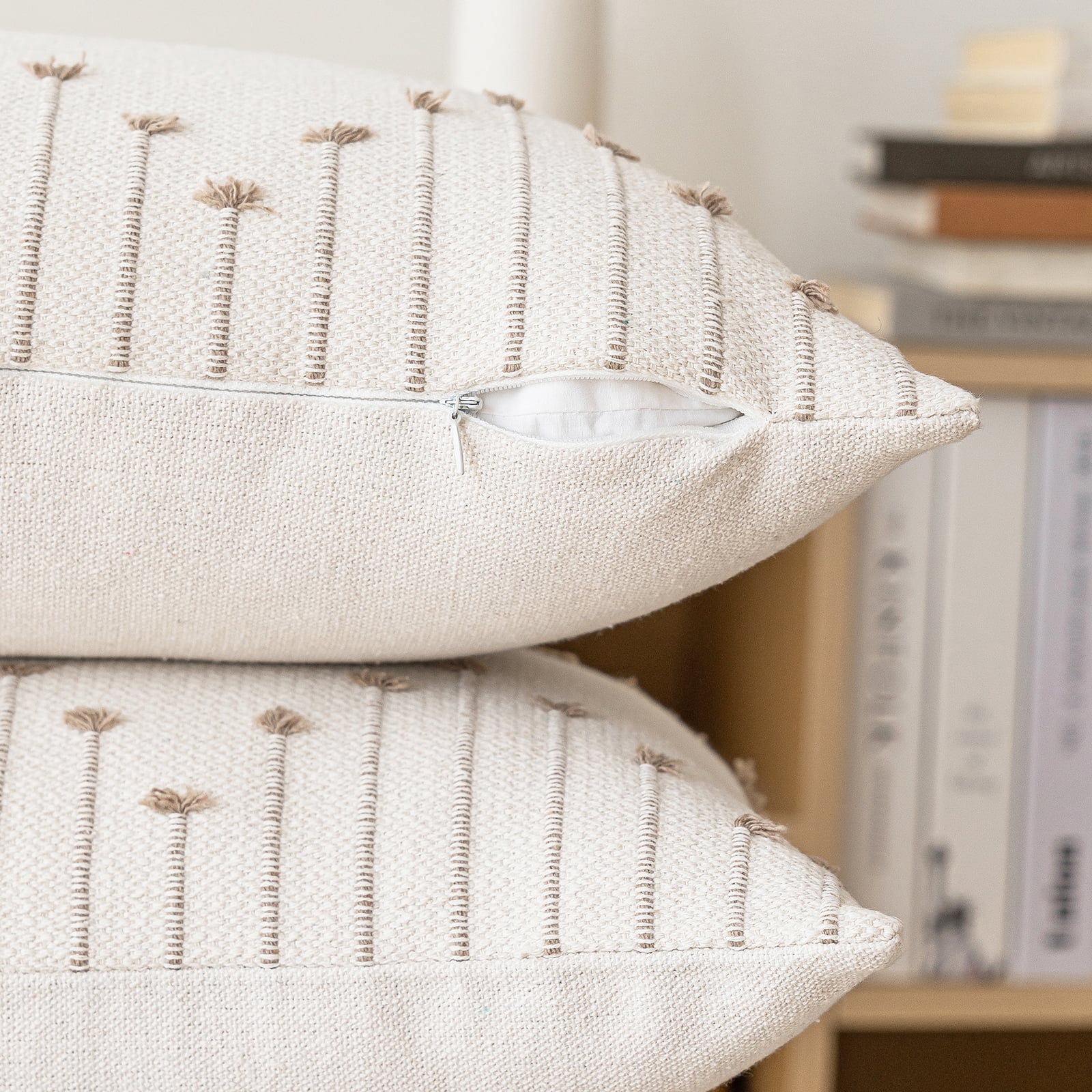 Skodaer Boho Decorative Throw Pillow Covers Beige and Khaki Striped Pillow Case,18x18,2 Count