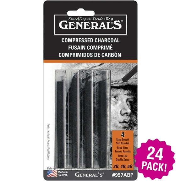 Multipack of 24 - Compressed Charcoal Sticks 4/Pkg-Black - 2B, 4B & 6B