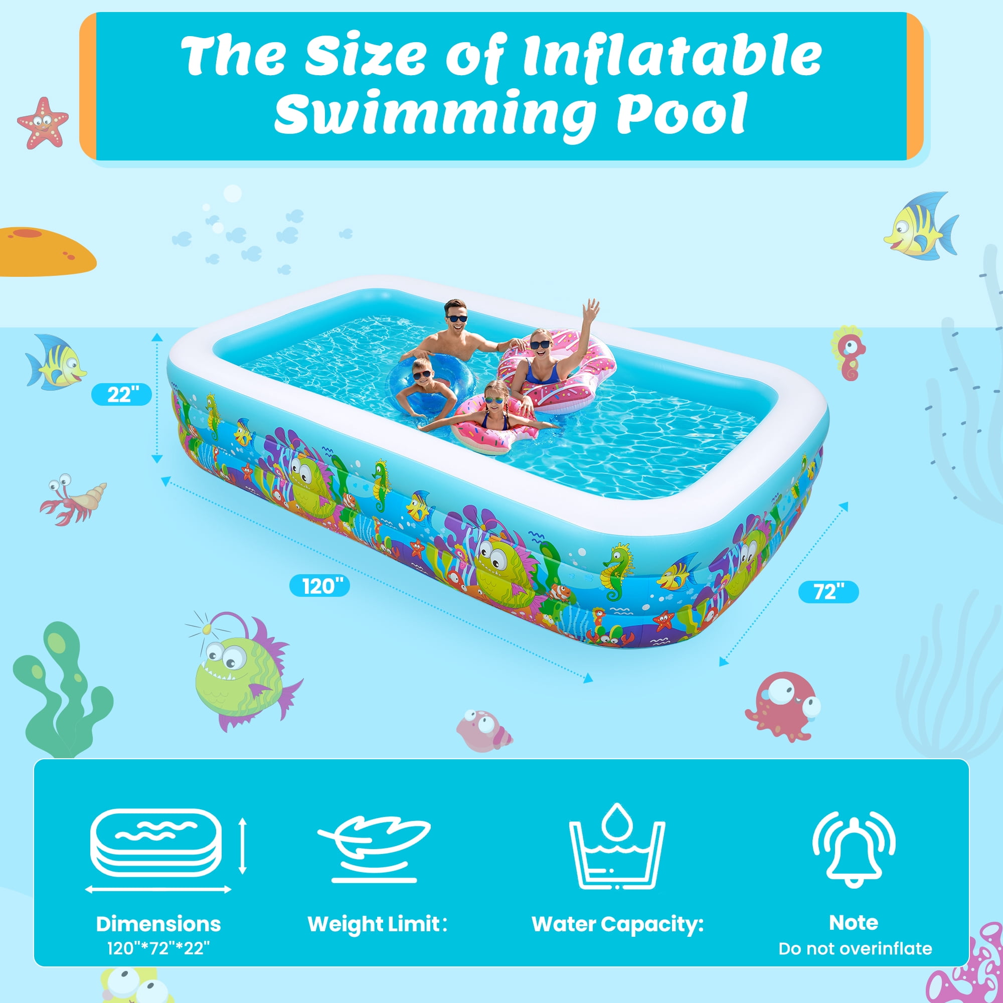 Naipo Inflatable Swimming Pool for Kids and Adults, 120"x72"x22" Oversized Thickened Family Swimming Pool for Toddlers, Outdoor, Garden, Backyard, Summer Water Party, Cartoon Patterns