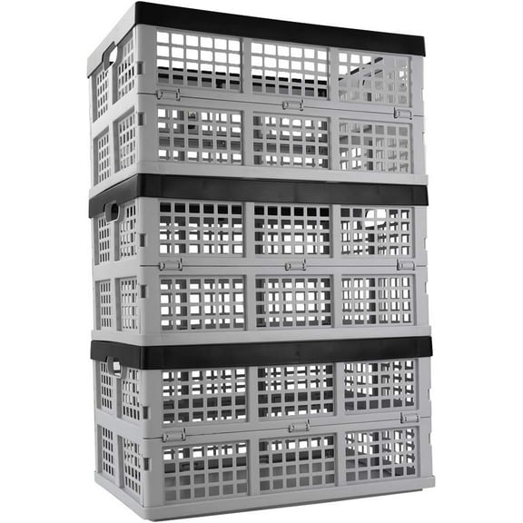 34 L Foldable Plastic Collapsible Crate, Stackable Storage Crate, 3 Packs