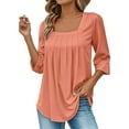 thumbnail image 5 of Pxiakgy 3/4 Sleeve Tops for Women Square Neck for Ladies A Pleated Loose and Flowing Three Quarter Sleeve Top Pleated Square Neck Blouses Dressy Casual Fall Tunic Tops Basic Trendy Clothes Pink 3Xl, 5 of 7