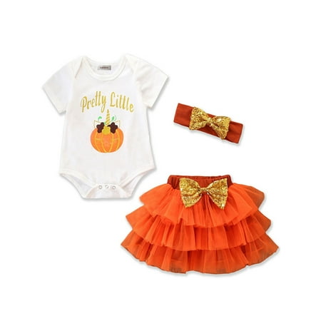 

Infant Baby Girls Halloween Pretty Little Pumpkin Romper and Tutu Skirt with Headband 3pcs Set (70/3-6 Months Orange)