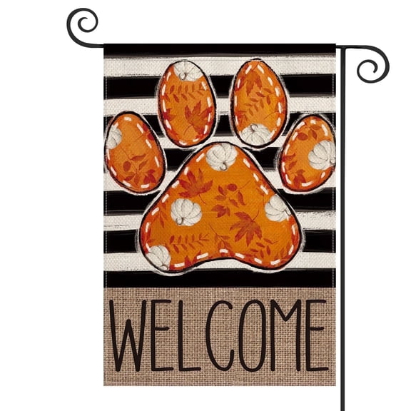 Sm:)e Paw Print Fall Garden Flag 12x18 Inch Double Sided Outside, Autumn Pumpkin Maple Leaf Welcome Stripes Yard Outdoor Flag