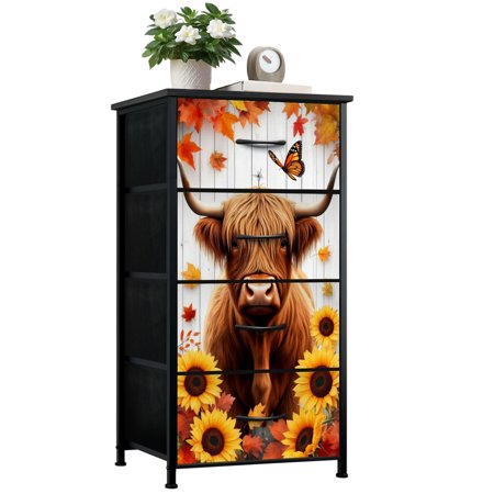 Boho Dresser for Bedroom with 4 Storage Drawers Fall Sunflower Cow Maple Leaves Autumn Harvest Highland Cow Autumn Dressers Chest of Drawers Steel Framed Fabric Closet Organizers for Entryway