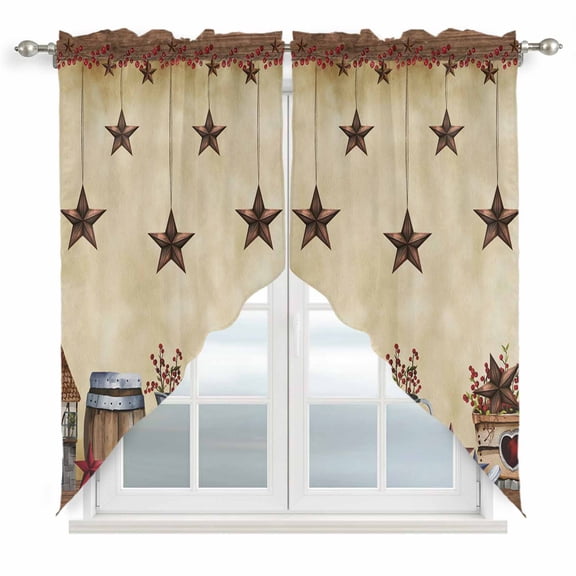 Star Brown Kitchen Window Curtains, Swag Curtains Valance for Bedroom Living Room Bathroom, Farmhouse American Country Vintage Berry Rod Pocket Window Treatment Curtain Block Drapes 2 Panels 36"x36"