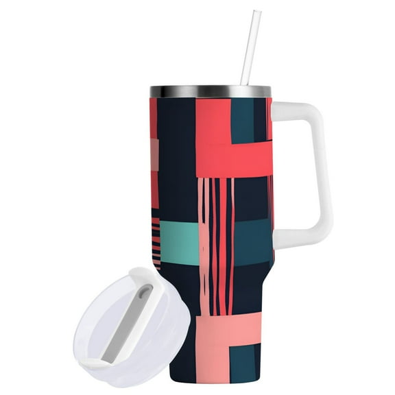 Yayeee 40oz Double-Wall Insulated Stainless Steel Tumbler with Handle Bottle, Pink Geometric