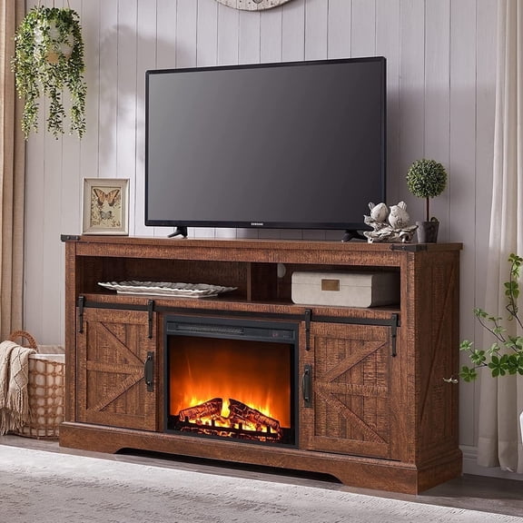 KeyWhat Farmhouse Fireplace TV Stand up to 70", Entertainment Center with 23" Fireplace & Open Storage Shelves for Living Room, Reclaimed Barnwood