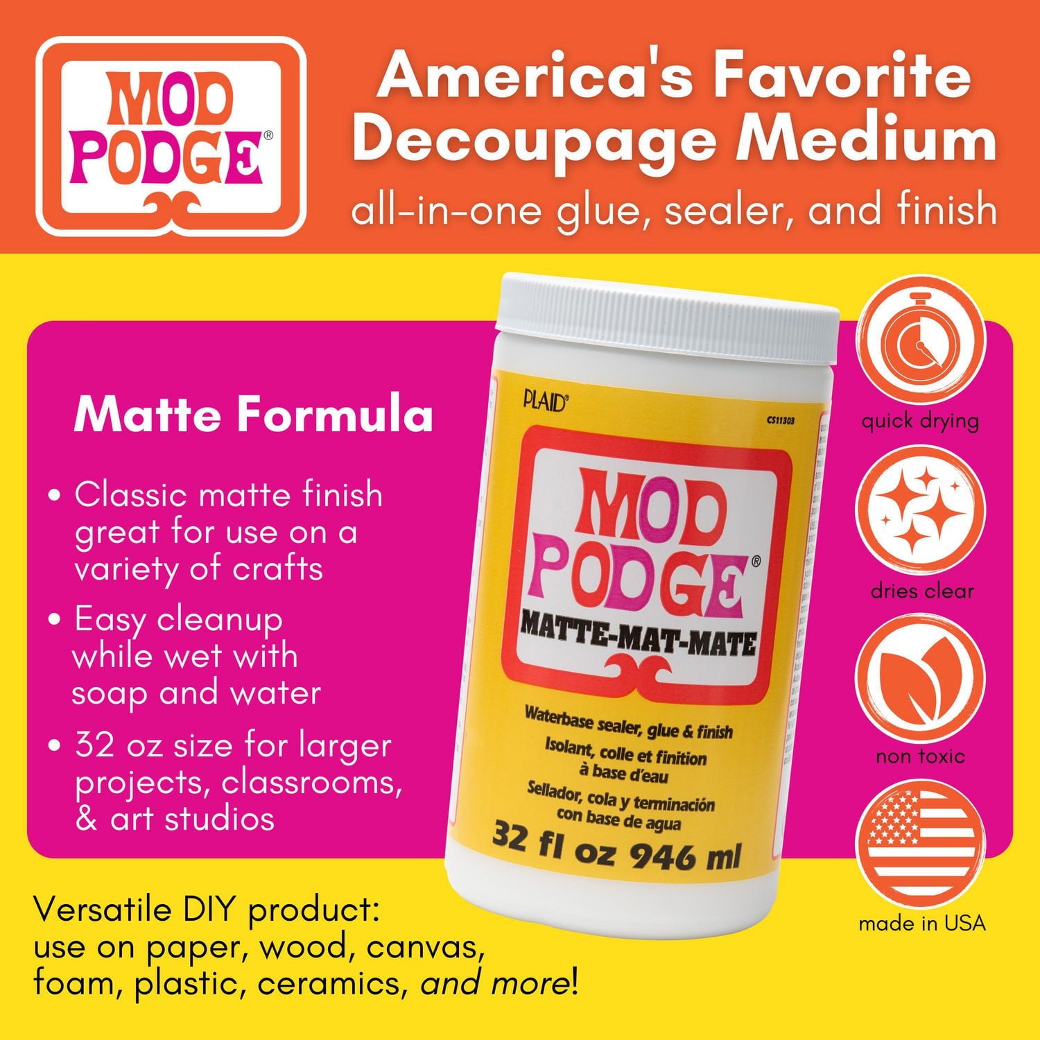 Mod Podge – Scellant, colle et finition mats à base d'eau, 32 fl oz