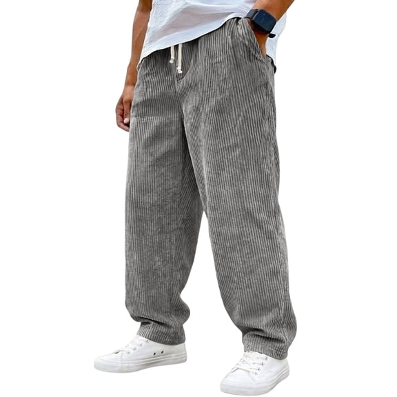 LWavelet Men's Relaxed Fit Corduroy Wide Leg Pants Elastic Drawstring Waist with Side Pockets for Casual Daily Vacation Wear Gray M