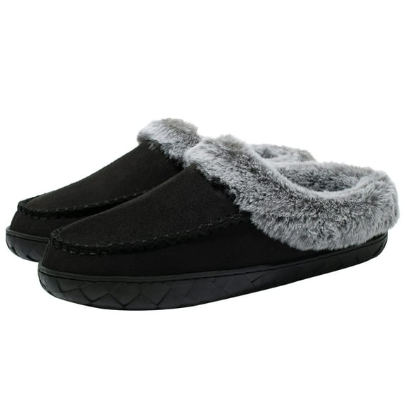 Womens Memory Foam House Slippers Fluffy Moccasins Faux Fur Lining Bedroom Shoes Indoor Outdoor Black, Size 10-11