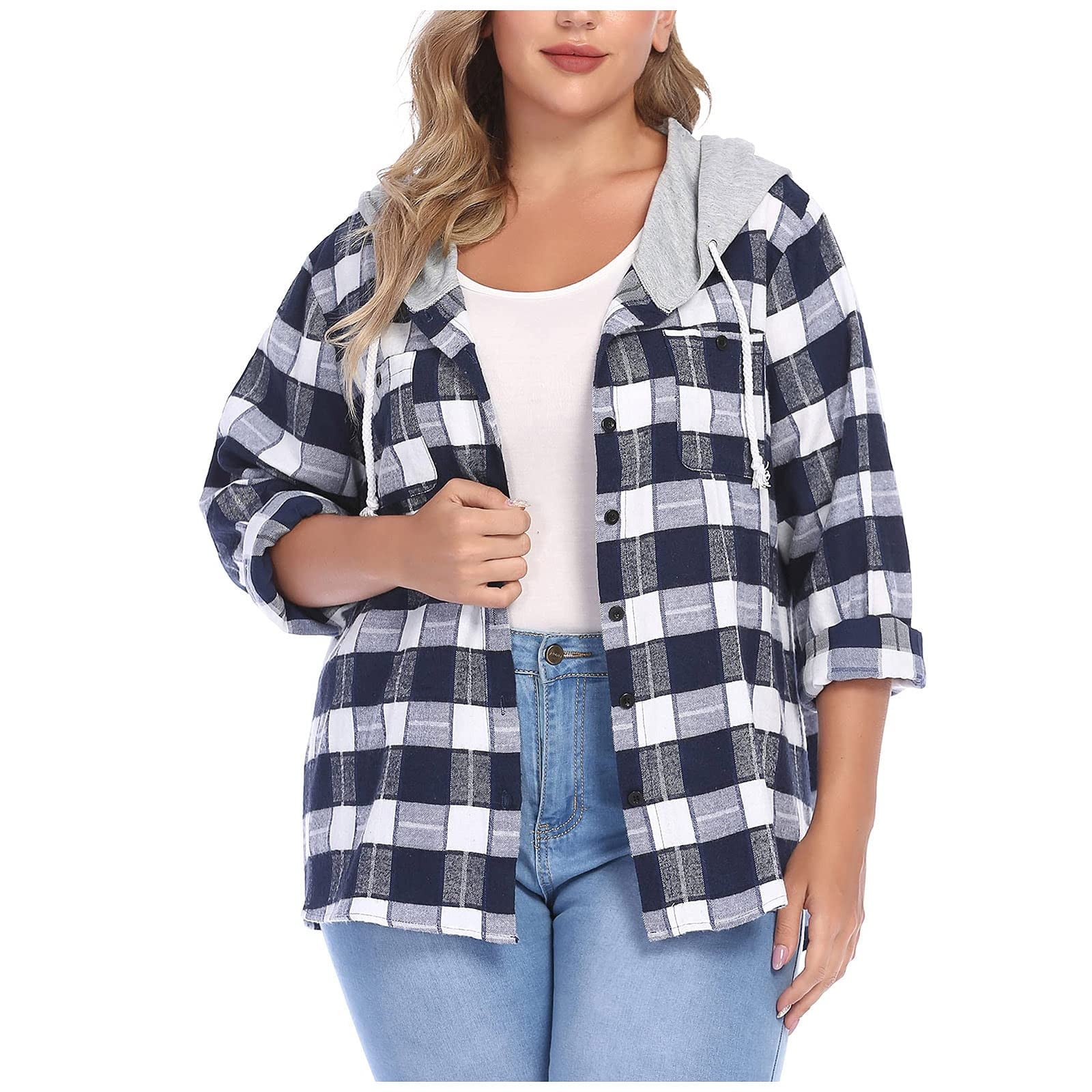 Womens Long Sleeve Casual Winter Loose Flannel Plaid Button Down with Pockets Shirt Top Plus Size 