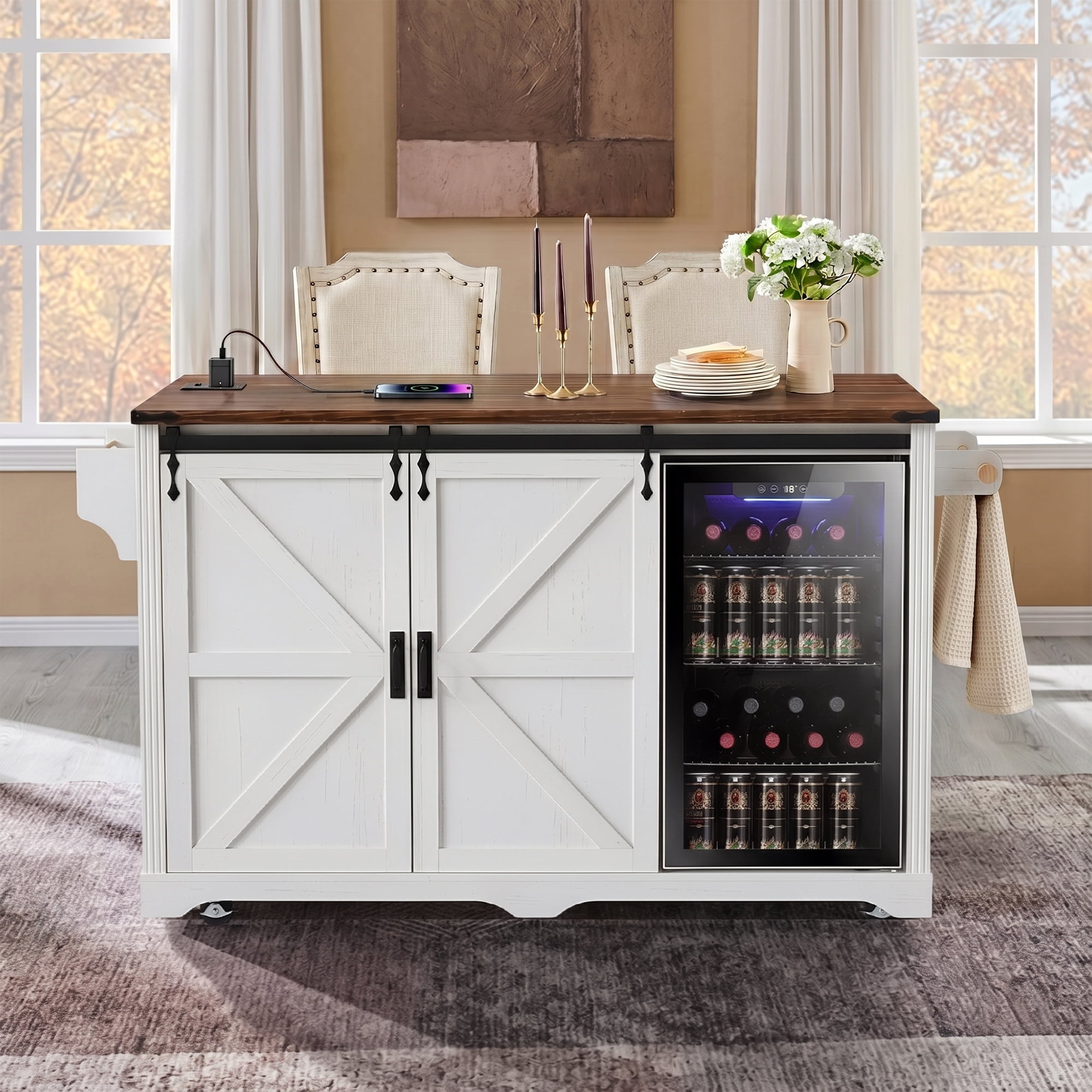 Mintazer 72" Farmhouse Rolling Kitchen Island with 2 Mini Fridge Space & Drop Leaf Countertop and Power Outlet, Bar Storage Cabinet with 4 Drawers & Barn Doors for Kitchen Dining Room, White & Walnut